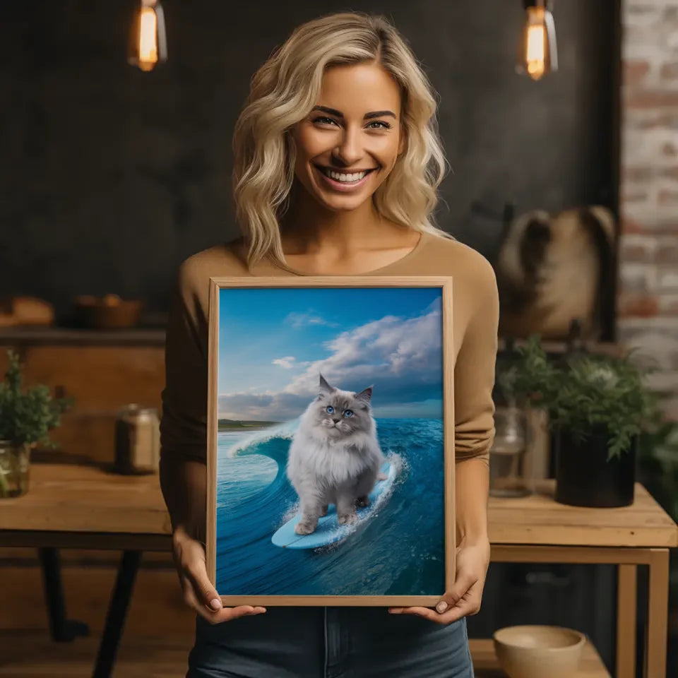 Poster flauschige Katze surft auf Welle mit blauem Himmel im Hintergrund