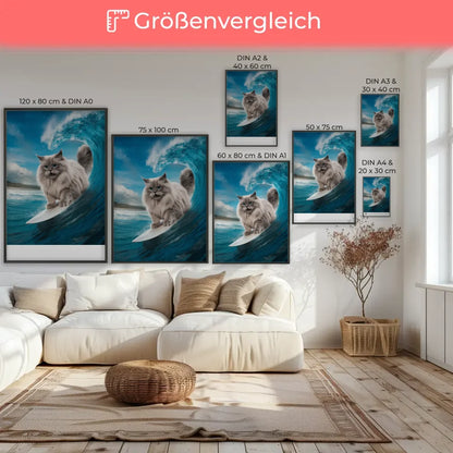 Poster flauschige Katze beim Surfen auf Wellen im azurblauen Himmel