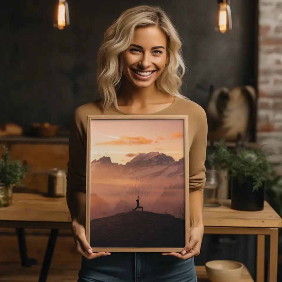 Poster mit einsamer Gestalt beim Yoga im Morgengrauen am Berggipfel