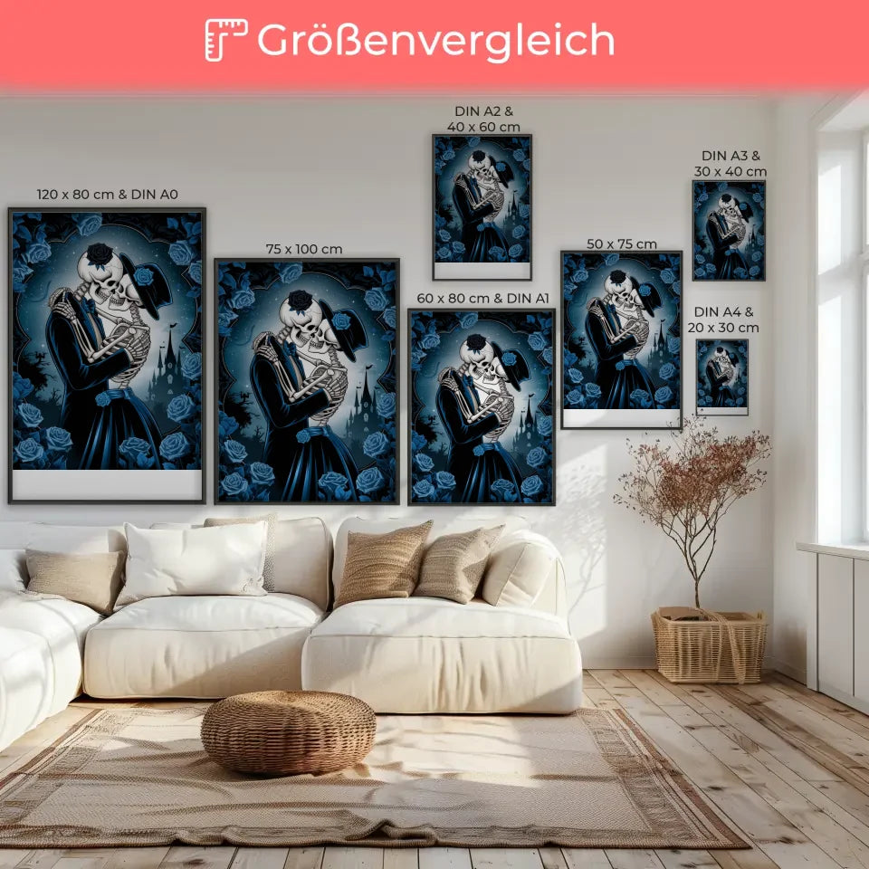 Gothic Poster mit Skeletten umarmt in romantischer Atmosphäre