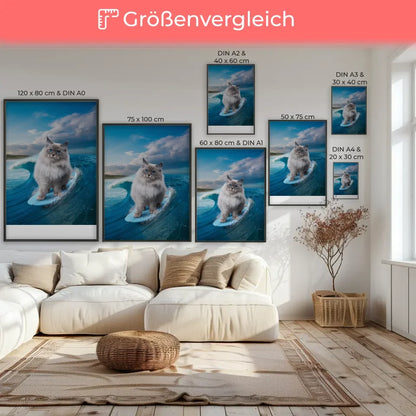 Poster flauschige Katze surft auf Welle mit blauem Himmel im Hintergrund