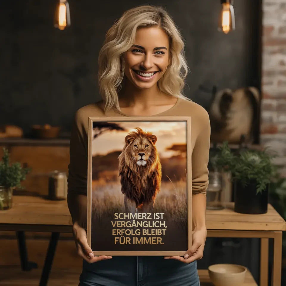 Inspirierendes Poster Löwe mit Zitat in goldenem Licht im Hintergrund