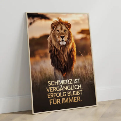 Inspirierendes Poster Löwe mit Zitat in goldenem Licht im Hintergrund