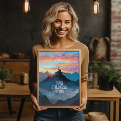 Yoga am Berg Poster mit Zitat Find Stillness Within im Morgengrauen