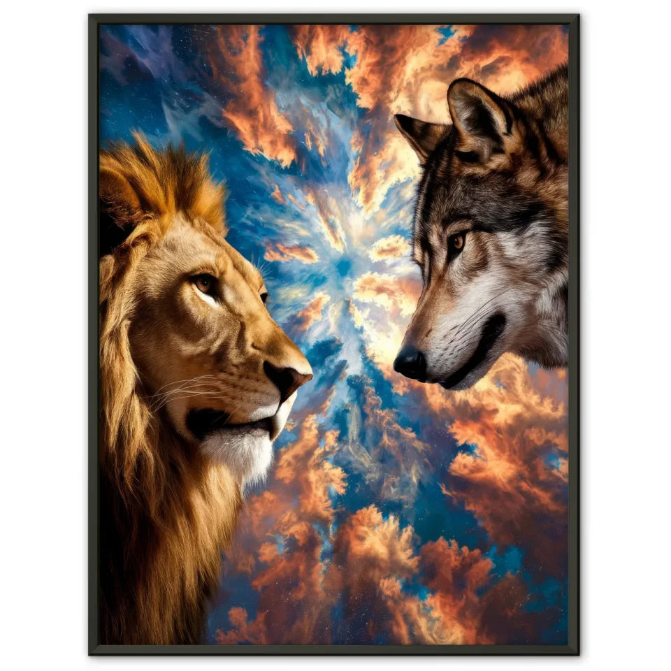 Löwe und Wolf Poster mit atemberaubendem Himmel für Tierliebhaber