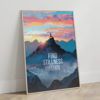 Yoga am Berg Poster mit Zitat Find Stillness Within im Morgengrauen