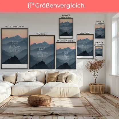 Poster mit ruhigem Berggipfel und Yoga Zitat für innere Ruhe