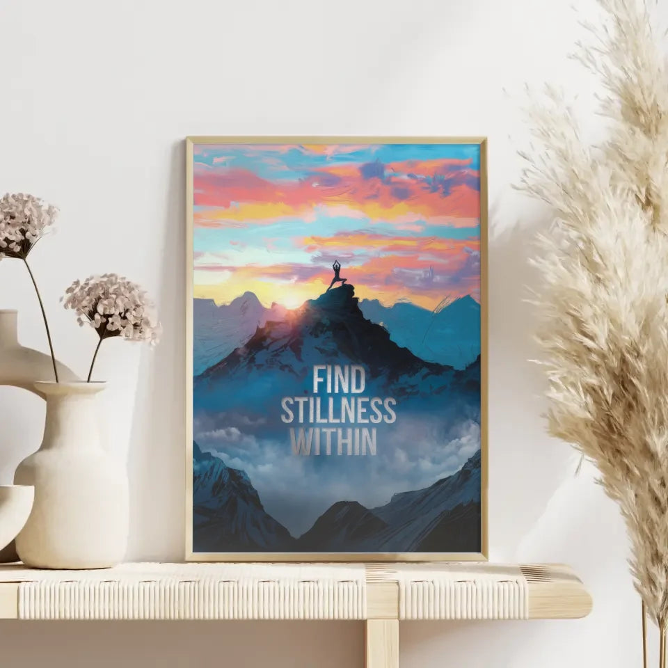 Yoga am Berg Poster mit Zitat Find Stillness Within im Morgengrauen