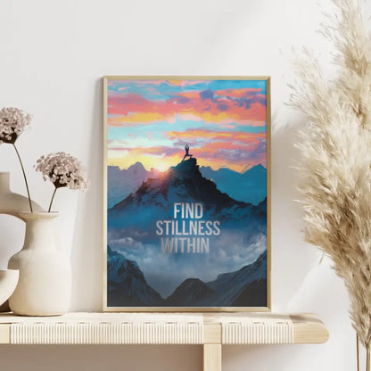 Yoga am Berg Poster mit Zitat Find Stillness Within im Morgengrauen