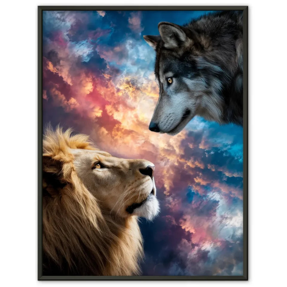 Löwe und Wolf Poster mit atemberaubendem Himmel für Tierliebhaber