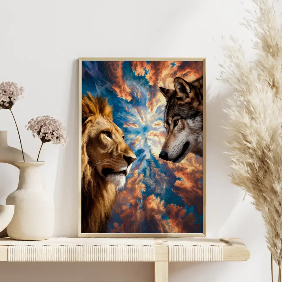 Löwe und Wolf Poster mit atemberaubendem Himmel für Tierliebhaber