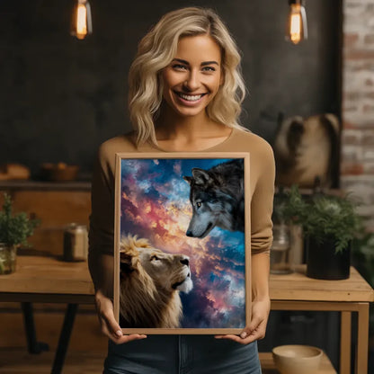 Löwe und Wolf Poster mit atemberaubendem Himmel für Tierliebhaber