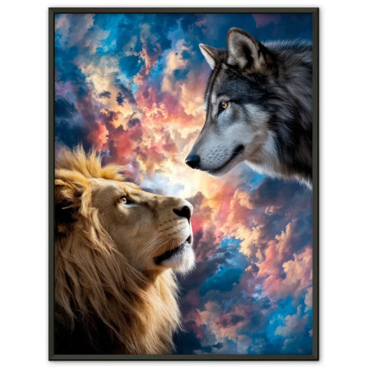 Löwe und Wolf Poster mit atemberaubendem Himmel für Tierliebhaber