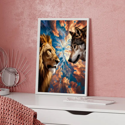 Löwe und Wolf Poster mit atemberaubendem Himmel für Tierliebhaber