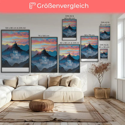 Yoga am Berg Poster mit Zitat Find Stillness Within im Morgengrauen