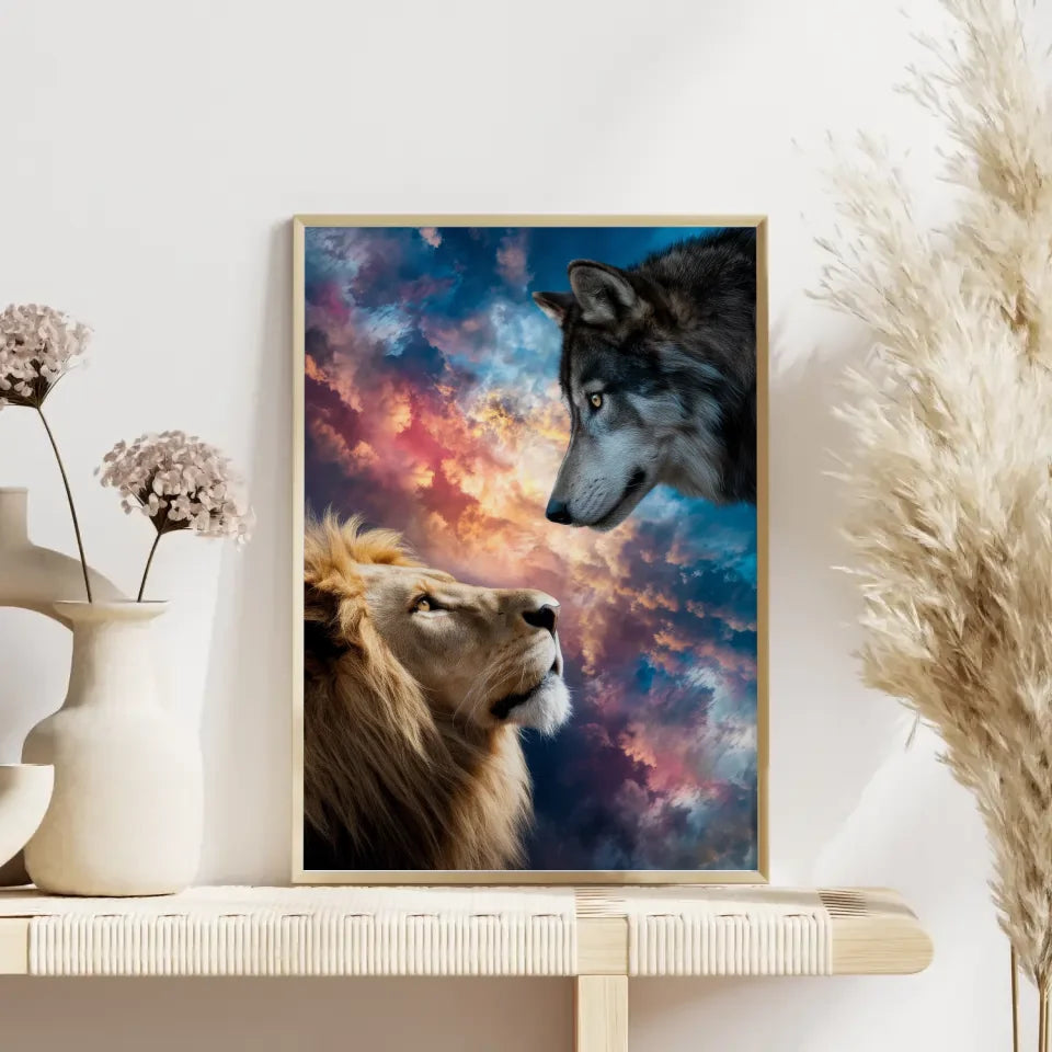Löwe und Wolf Poster mit atemberaubendem Himmel für Tierliebhaber