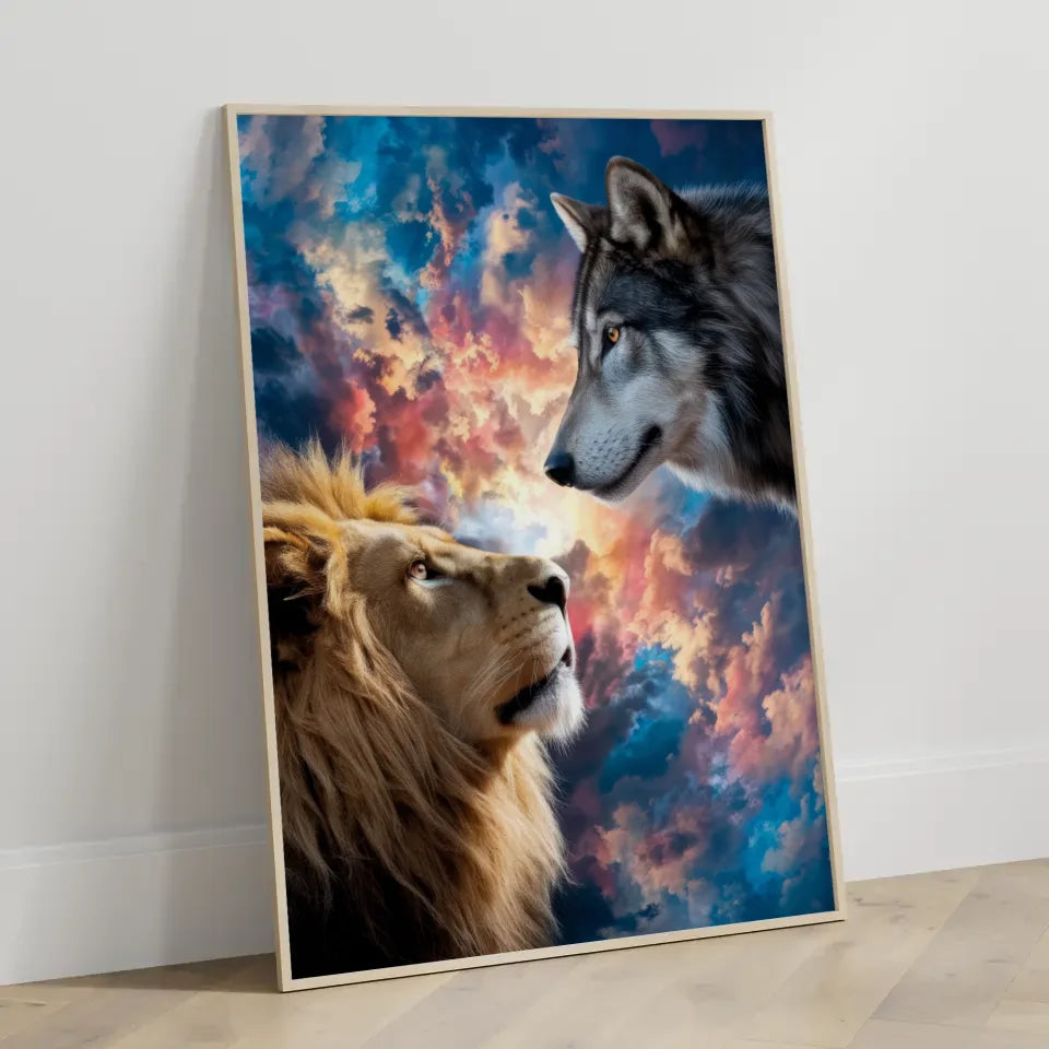Löwe und Wolf Poster mit atemberaubendem Himmel für Tierliebhaber