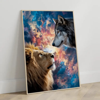 Löwe und Wolf Poster mit atemberaubendem Himmel für Tierliebhaber