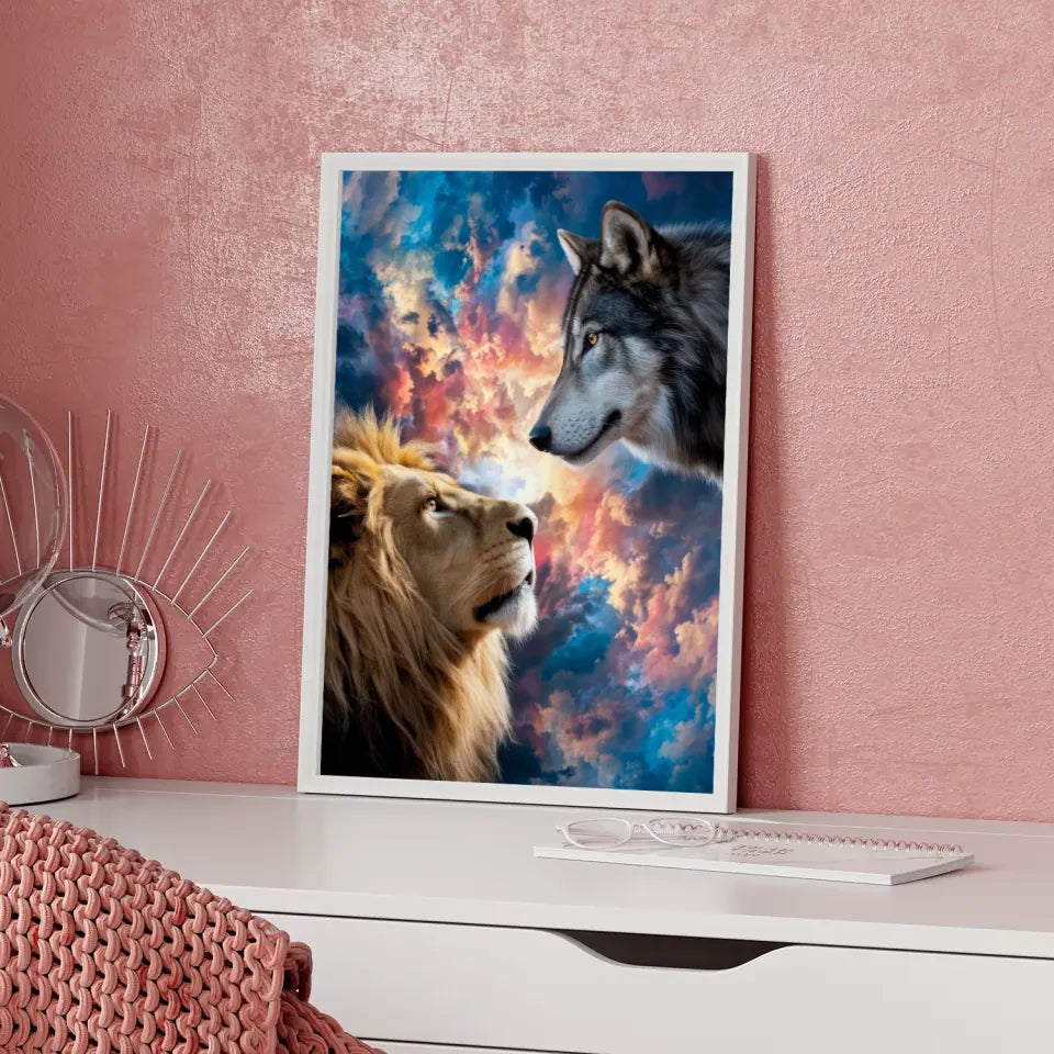 Löwe und Wolf Poster mit atemberaubendem Himmel für Tierliebhaber