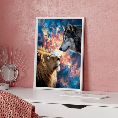 Löwe und Wolf Poster mit atemberaubendem Himmel für Tierliebhaber