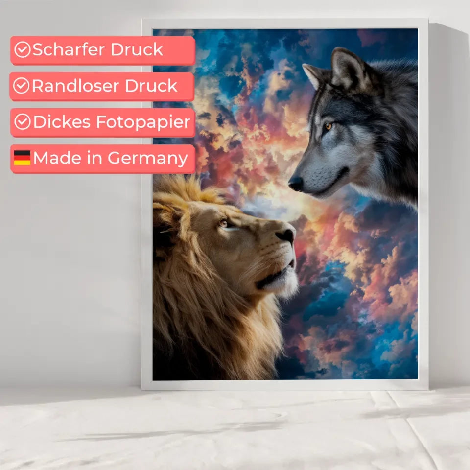 Löwe und Wolf Poster mit atemberaubendem Himmel für Tierliebhaber