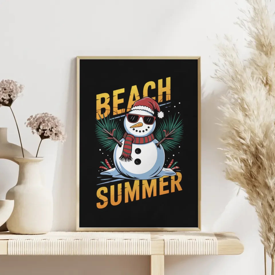 Lustiger Schneemann Poster im Strandlook mit Sonnenbrille und Palmen