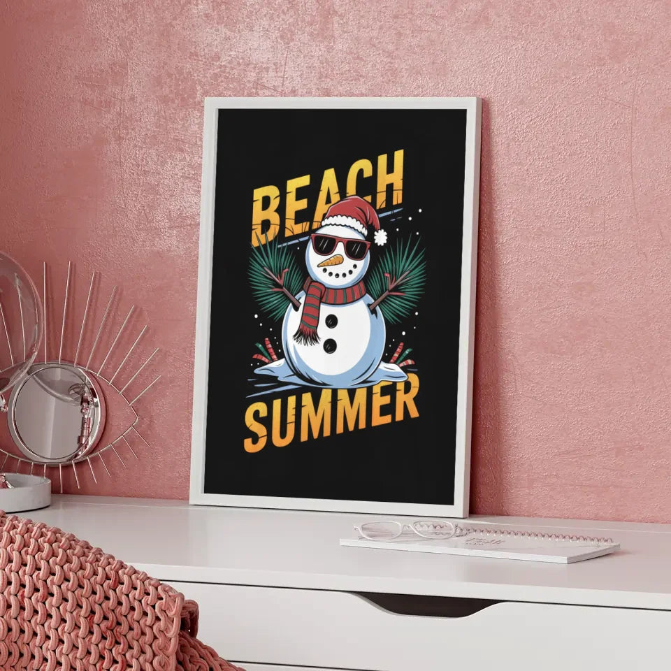 Lustiger Schneemann Poster im Strandlook mit Sonnenbrille und Palmen