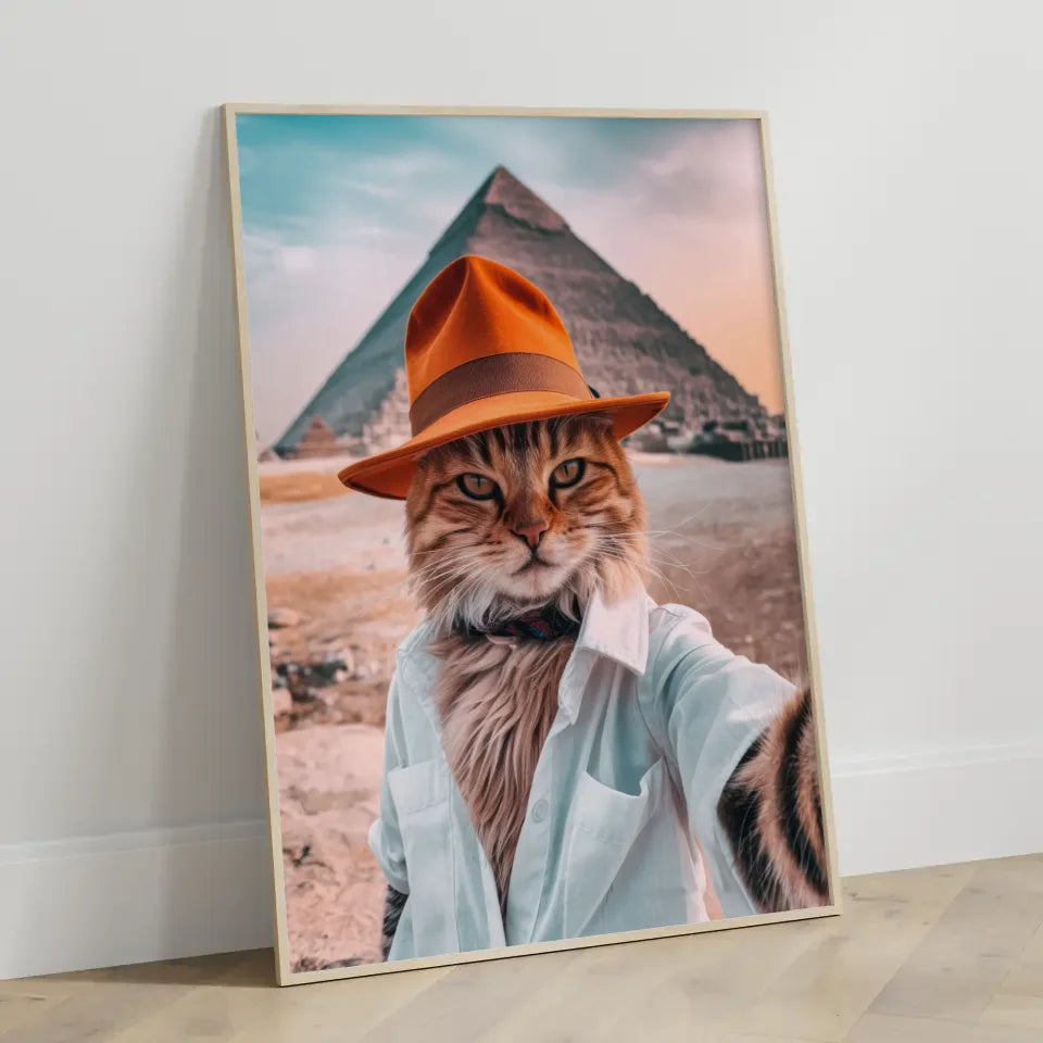 Poster mit süßer Katze im orangefarbenen Hut vor der Cheops-Pyramide