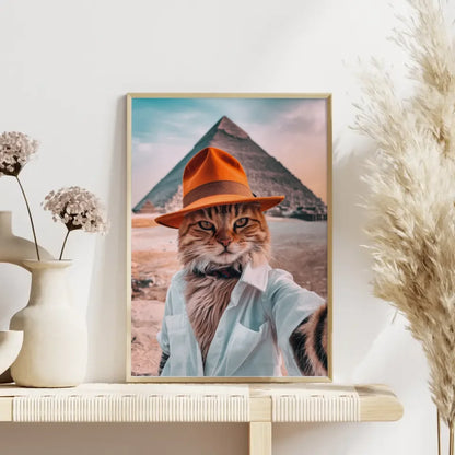 Poster mit süßer Katze im orangefarbenen Hut vor der Cheops-Pyramide