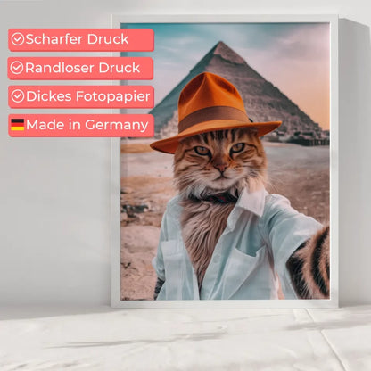 Poster mit süßer Katze im orangefarbenen Hut vor der Cheops-Pyramide