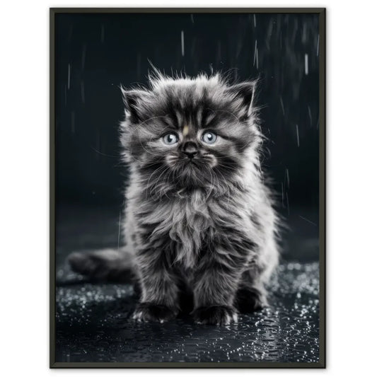 Flauschiges Kätzchen im Nieselregen Poster mit blauen Augen kaufen