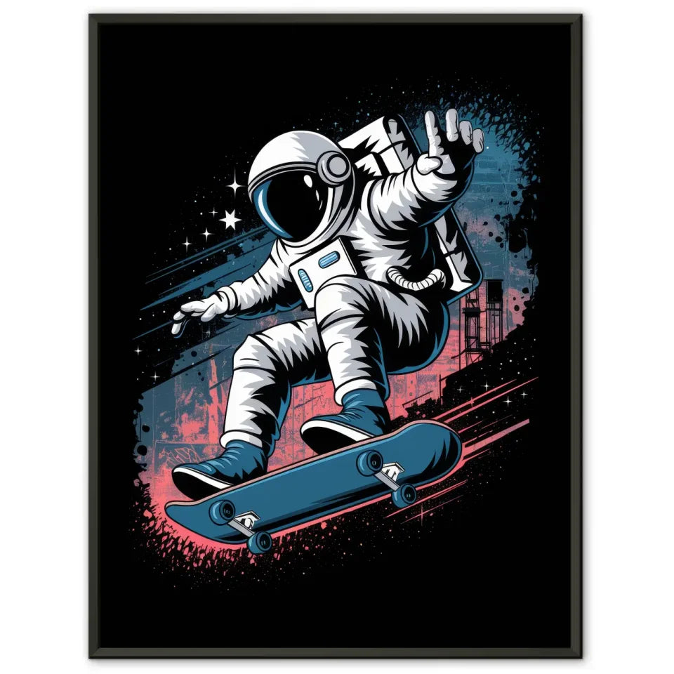 Futuristischer Astronaut Poster mit Skateboard Kickflip im Weltraum
