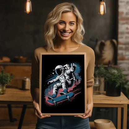 Futuristischer Astronaut Poster mit Skateboard Kickflip im Weltraum