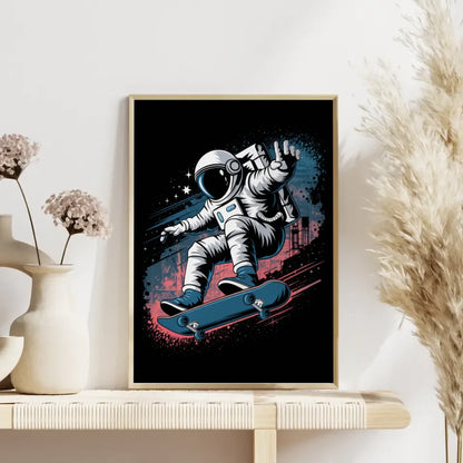 Futuristischer Astronaut Poster mit Skateboard Kickflip im Weltraum