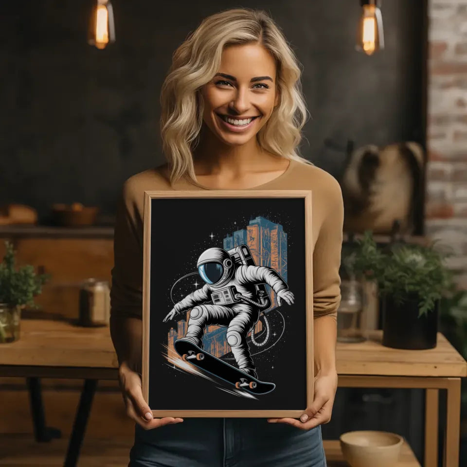 Poster Astronaut Skateboard Kickflip im Weltraum für dein Zuhause
