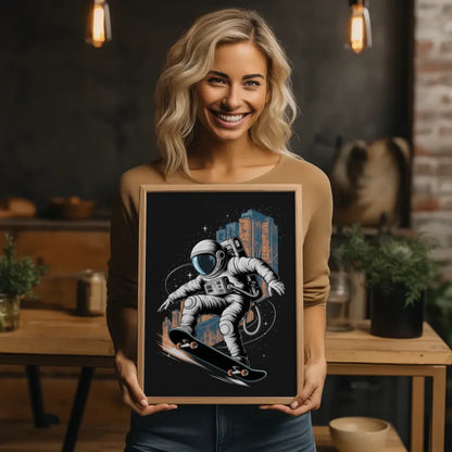 Poster Astronaut Skateboard Kickflip im Weltraum für dein Zuhause