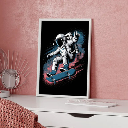 Futuristischer Astronaut Poster mit Skateboard Kickflip im Weltraum