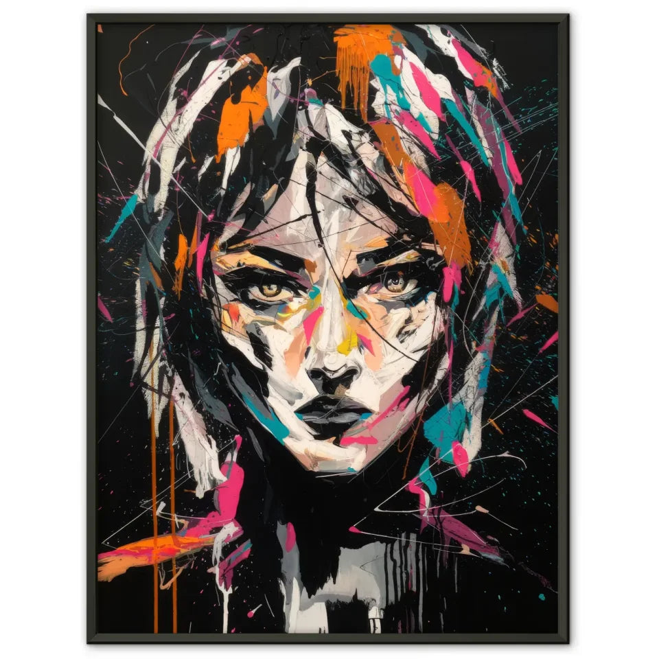 Abstraktes Poster mit lebendigem Frauenporträt in bunten Farben