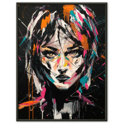 Abstraktes Poster mit lebendigem Frauenporträt in bunten Farben