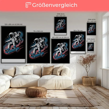 Futuristischer Astronaut Poster mit Skateboard Kickflip im Weltraum