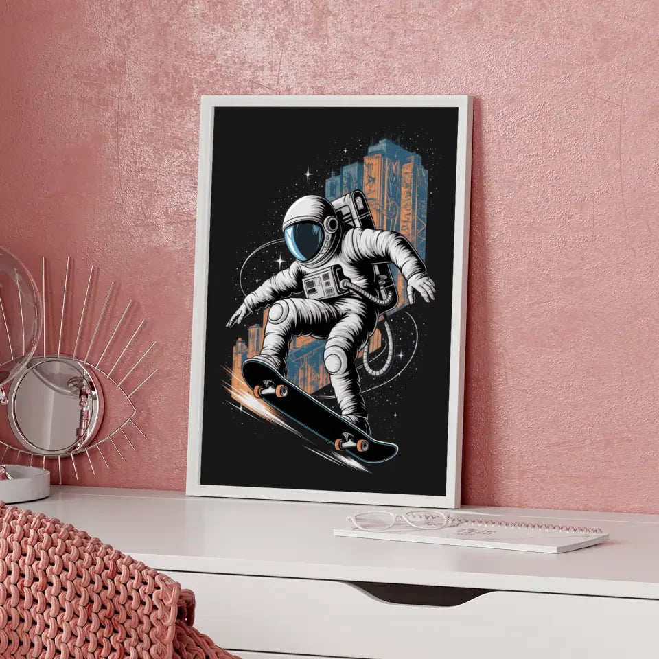 Poster Astronaut Skateboard Kickflip im Weltraum für dein Zuhause