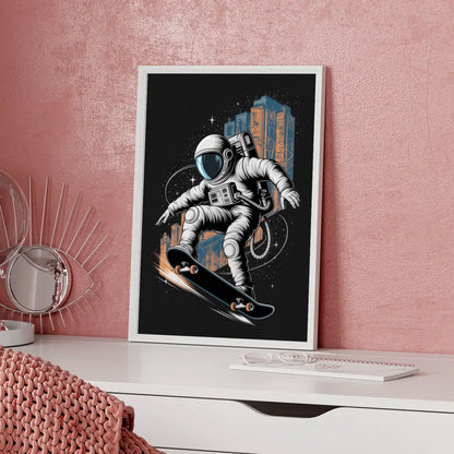 Poster Astronaut Skateboard Kickflip im Weltraum für dein Zuhause