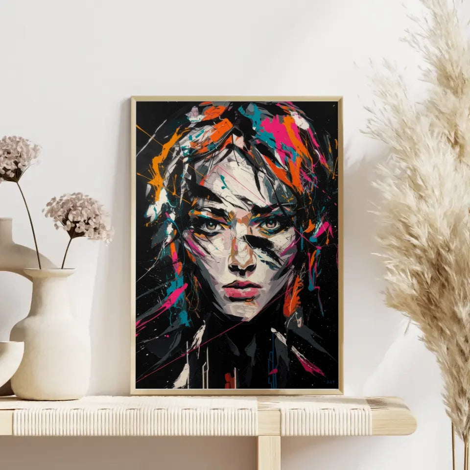 Abstraktes Poster mit faszinierendem weiblichen Gesicht in Farben