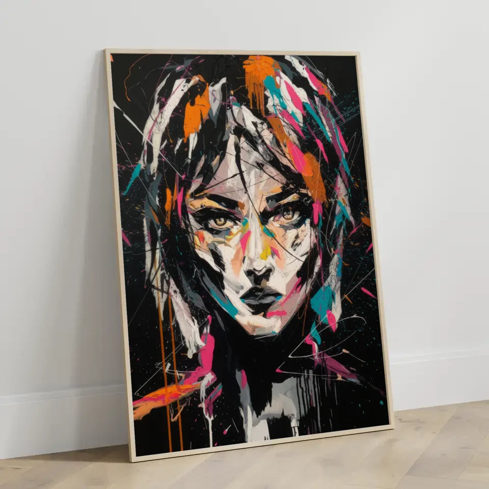 Abstraktes Poster mit lebendigem Frauenporträt in bunten Farben