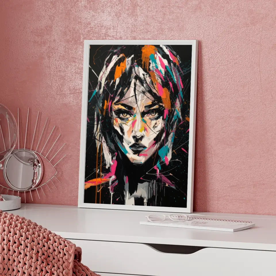 Abstraktes Poster mit lebendigem Frauenporträt in bunten Farben