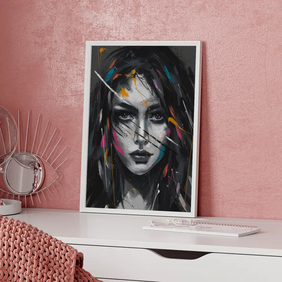 Abstraktes Poster mit faszinierendem weiblichen Gesicht in Farben