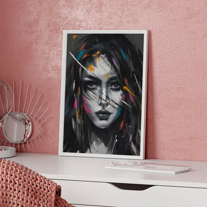 Abstraktes Poster mit faszinierendem weiblichen Gesicht in Farben