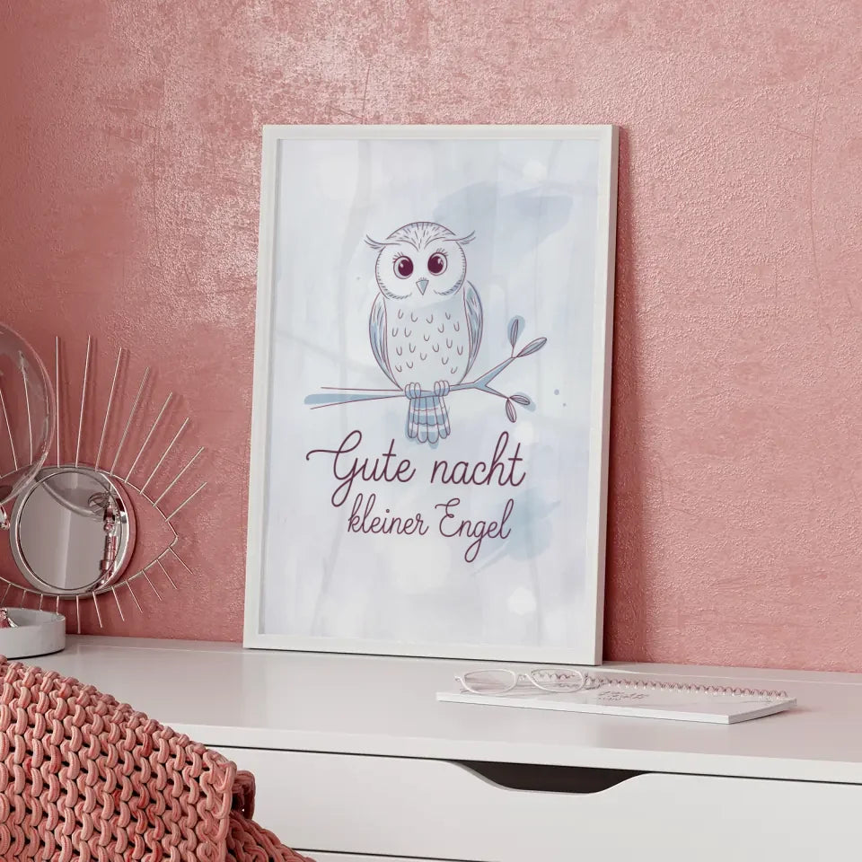 Bezaubernder Eulen Poster Gute Nacht Engel in sanften Pastellfarben