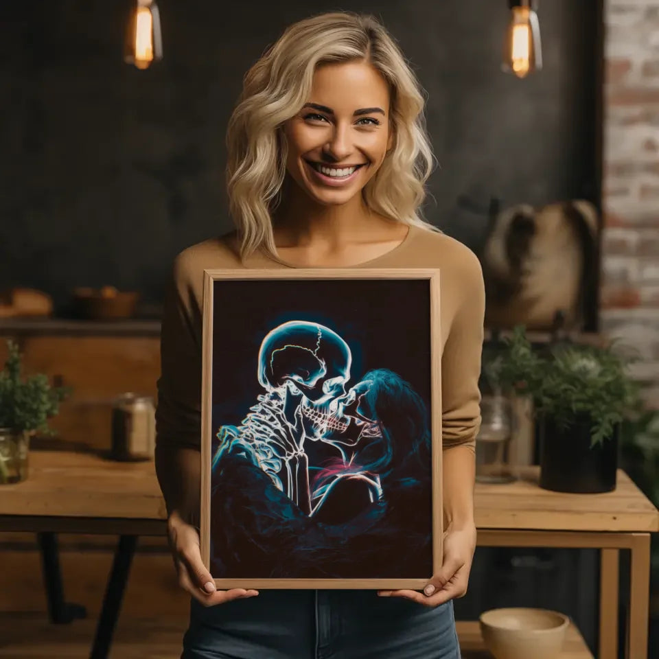 Neon Schädel Poster für romantische Küsse im dunklen Abgrund