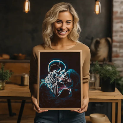 Neon Schädel Poster für romantische Küsse im dunklen Abgrund